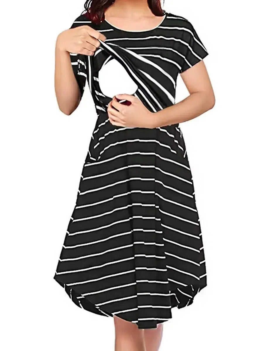 Summer Premama Breastfeeding Dresses Fashion Short Sleeve Striped Dress For Pregnant Women Maternity Baby Shower Pajama Gowns XL-Maternity Miracles - Mom & Baby Gifts