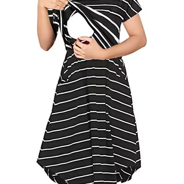 Summer Premama Breastfeeding Dresses Fashion Short Sleeve Striped Dress For Pregnant Women Maternity Baby Shower Pajama Gowns XL-Maternity Miracles - Mom & Baby Gifts