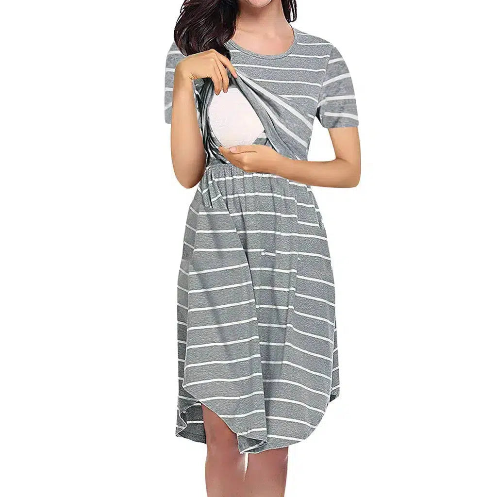 Summer Premama Breastfeeding Dresses Fashion Short Sleeve Striped Dress For Pregnant Women Maternity Baby Shower Pajama Gowns XL-Maternity Miracles - Mom & Baby Gifts