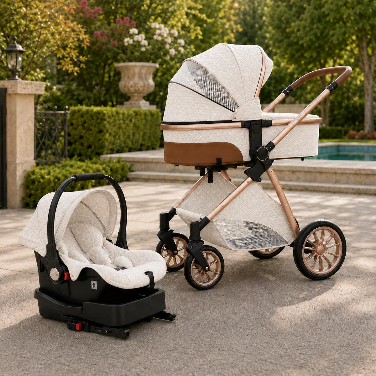 Creamy white stroller travel system rear view