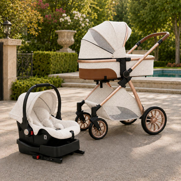 Creamy white stroller travel system rear view