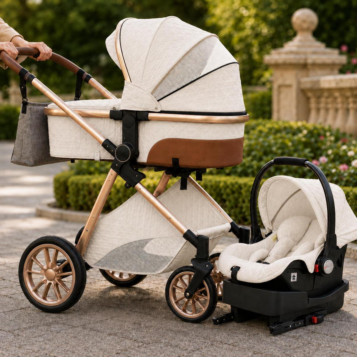 Creamy white luxury 3-in-1 stroller close-up
