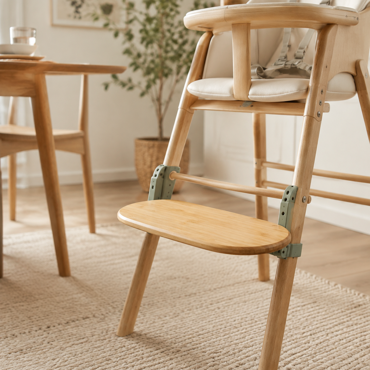 Natural bamboo adjustable footrest attached to a wooden high chair