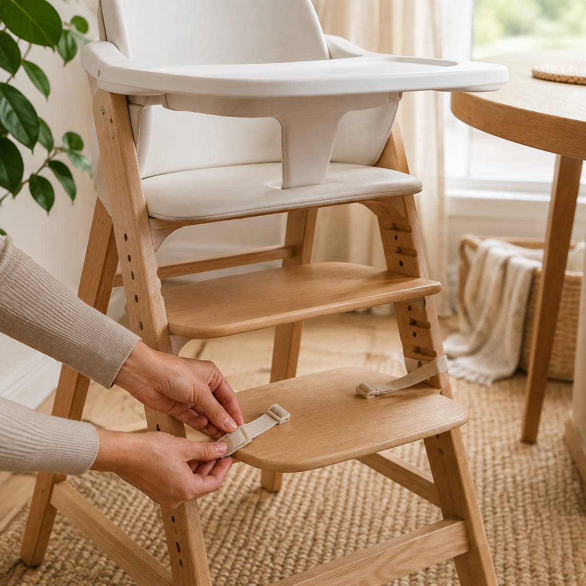 Adult hands adjusting a natural wood high-chair footrest