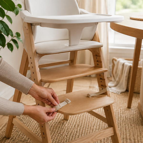 Adult hands adjusting a natural wood high-chair footrest