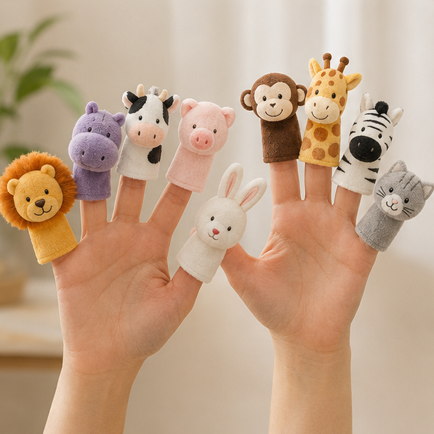 Adult hands wearing animal finger puppets for storytelling