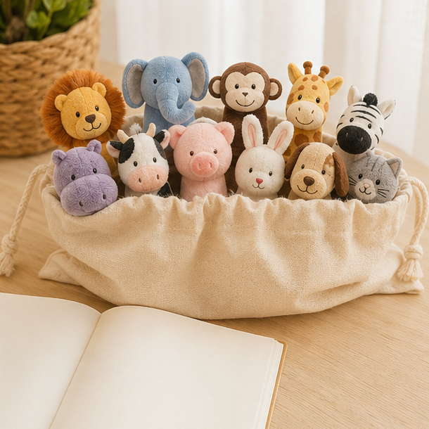 Animal finger puppet set in a cotton storage pouch
