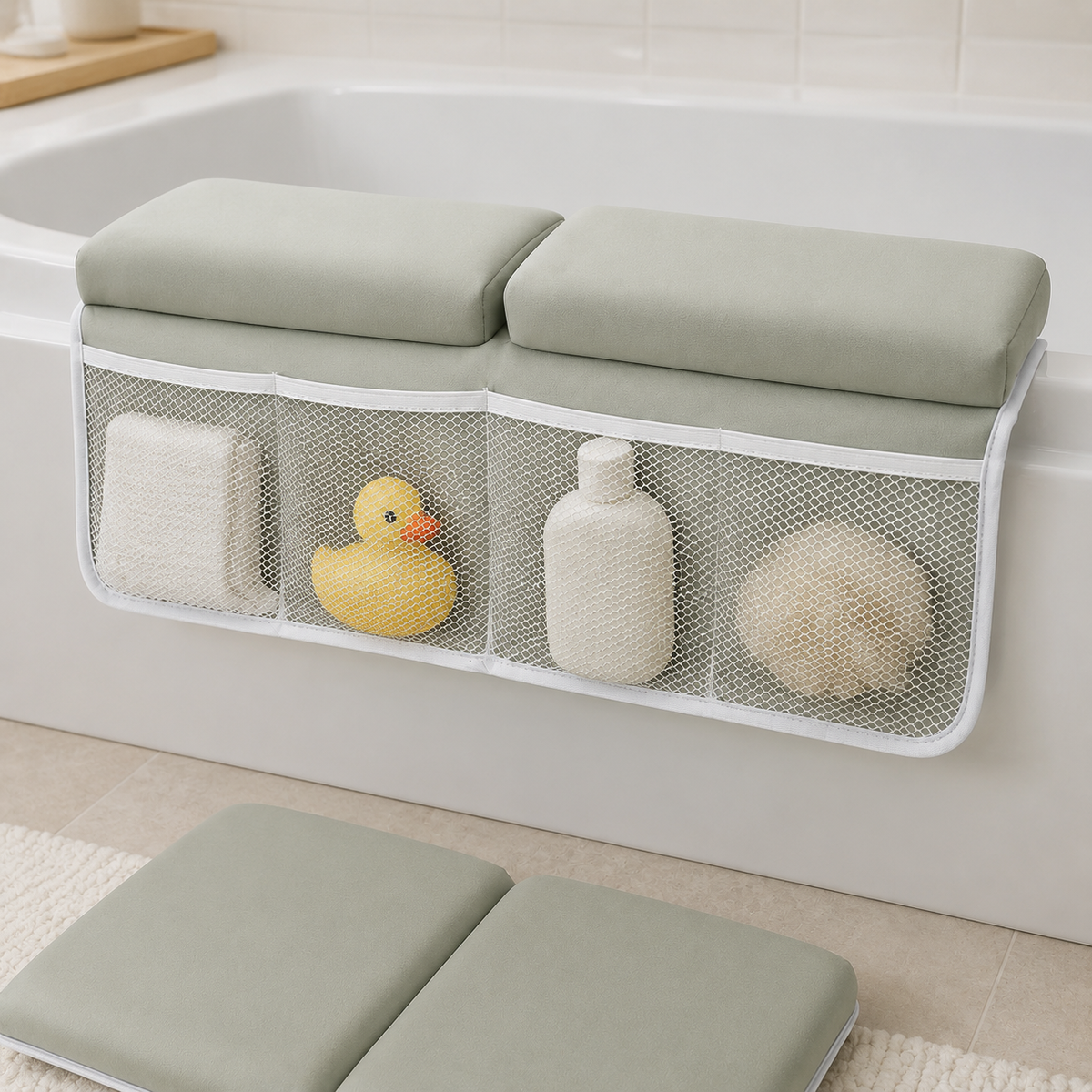 Four-pocket baby bath organizer with cushioned elbow rest and kneeling pad