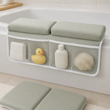 Four-pocket baby bath organizer with cushioned elbow rest and kneeling pad