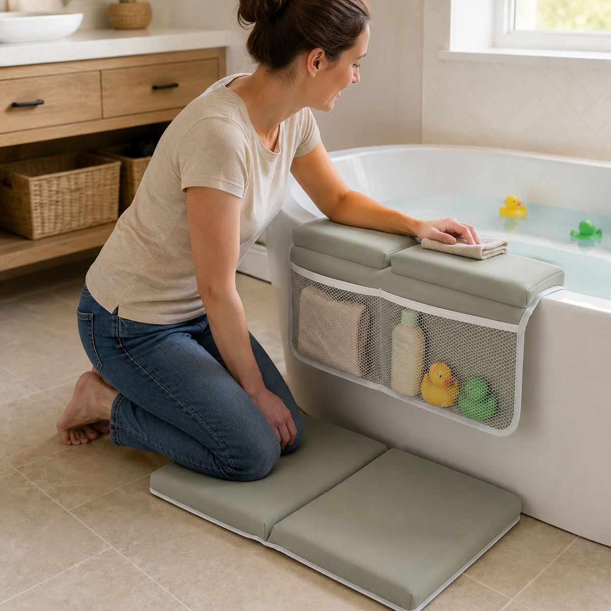 Parent using a cushioned baby bath kneeler and tub elbow rest