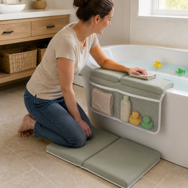 Parent using a cushioned baby bath kneeler and tub elbow rest