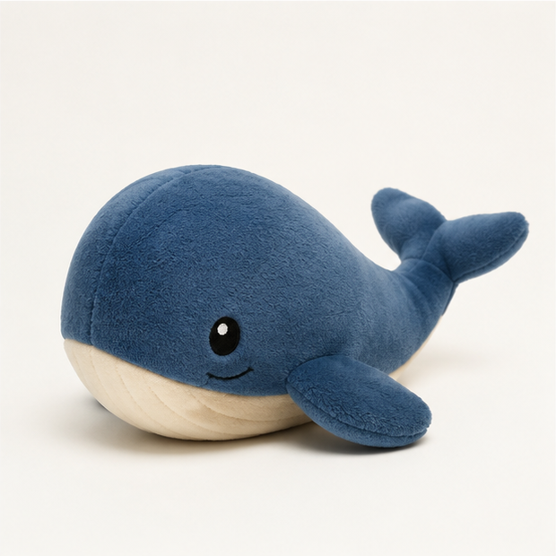 Blue whale plush toy on a clean studio background