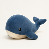 Blue whale plush toy on a clean studio background