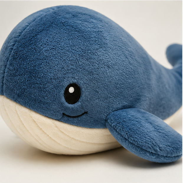 Close-up of the blue whale plush fabric and embroidered face