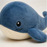 Close-up of the blue whale plush fabric and embroidered face