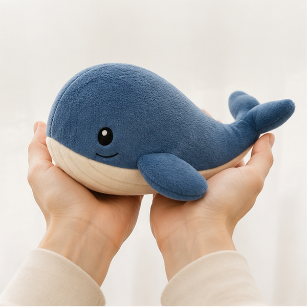 Adult hands holding the 25 cm blue whale plush for scale