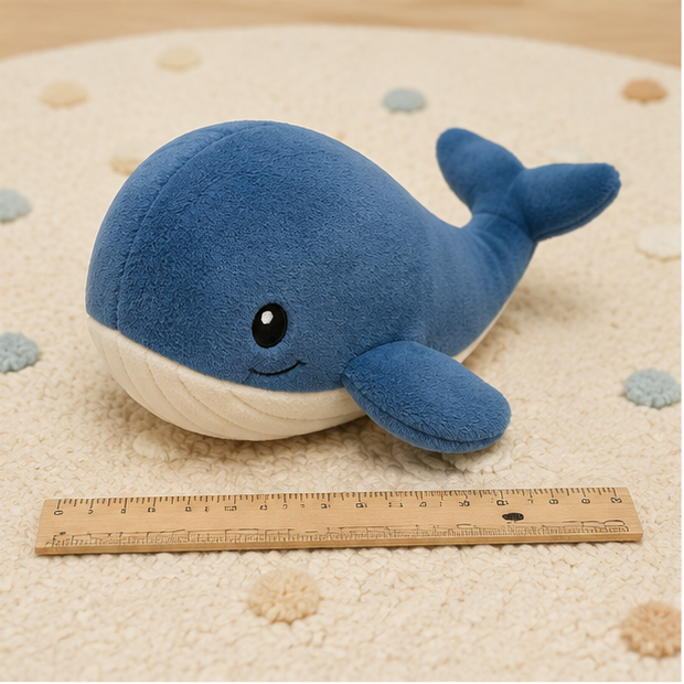 Blue whale plush on a play mat beside a wooden ruler