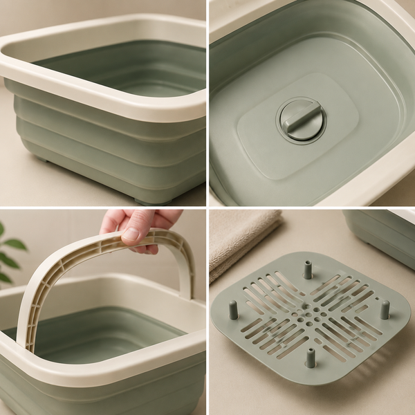 Collapsible walls, drain plug, handle and raised drying insert