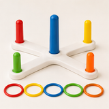 Compact colorful ring toss game with five pegs and five rings
