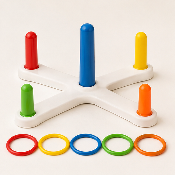 Compact colorful ring toss game with five pegs and five rings