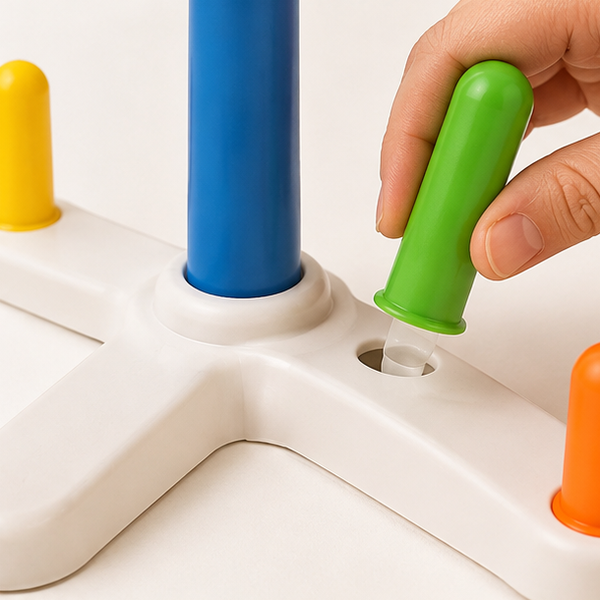 Close-up of the ring toss game's rounded plastic pieces