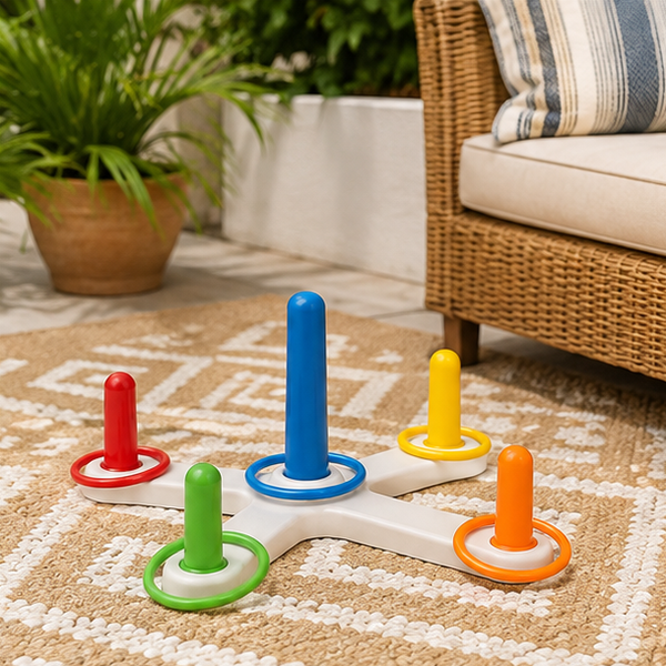 Colorful ring toss game set on a patio play mat