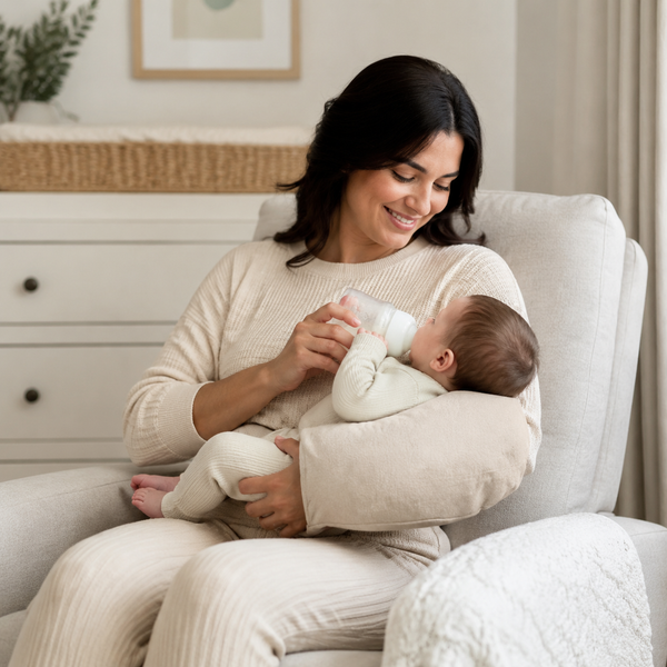 Parent using the compact arm pillow while bottle feeding baby