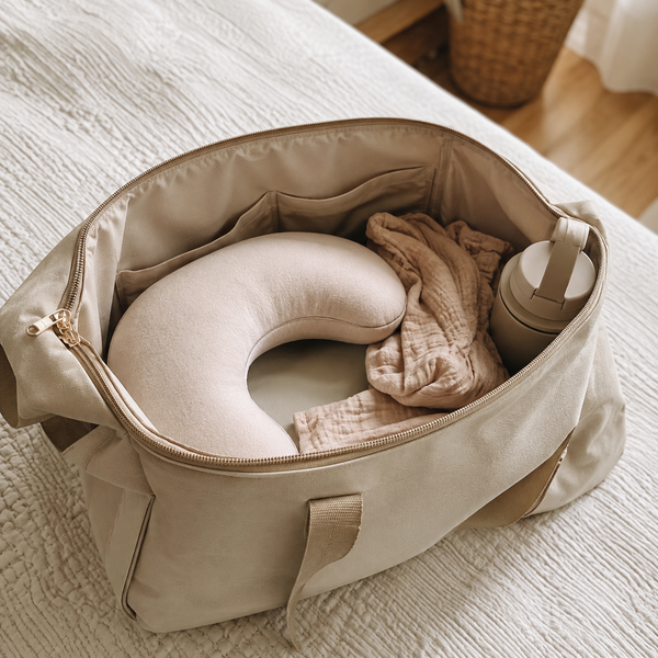 Compact nursing arm support pillow packed inside a diaper bag