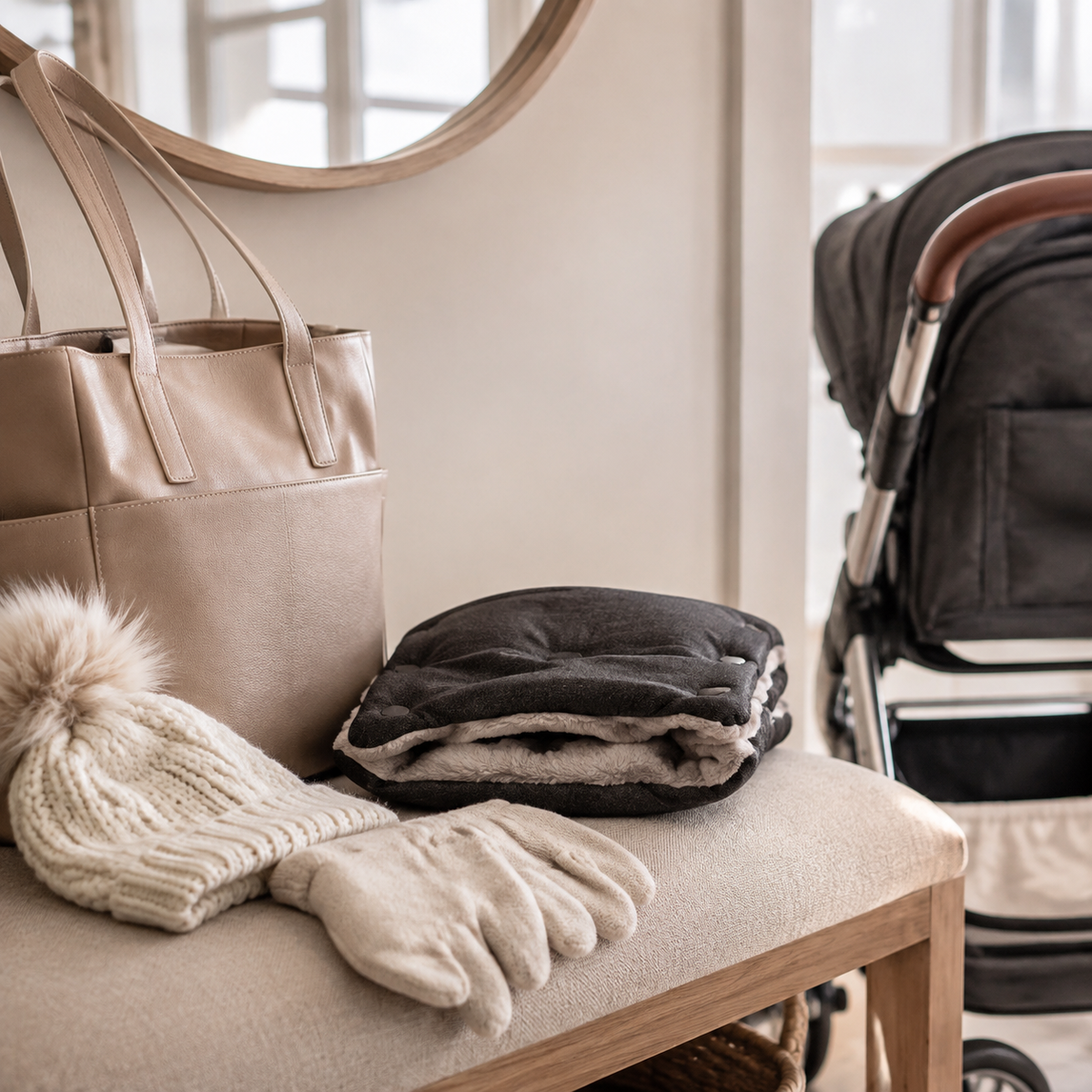 Folded stroller hand muff with winter accessories on an entry bench