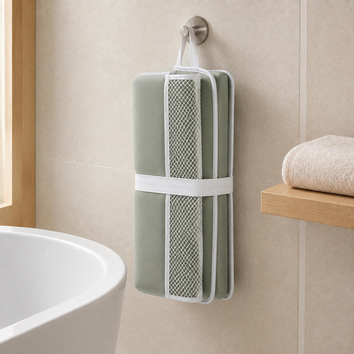 Folded baby bath kneeler and elbow rest hanging to air dry