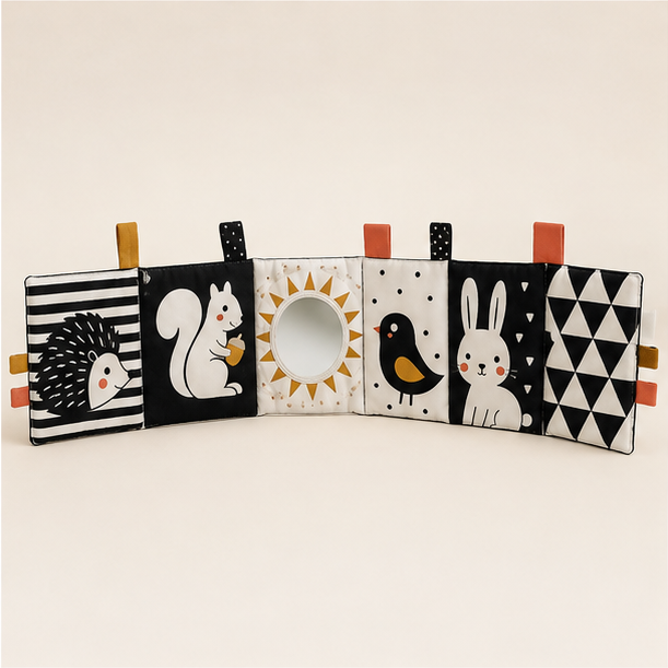 High-contrast fold-out cloth activity book