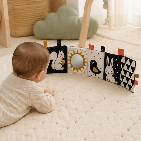 Baby enjoying supervised tummy time with cloth book