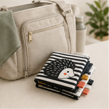 Folded high-contrast baby book ready for travel