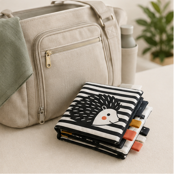 Folded high-contrast baby book ready for travel