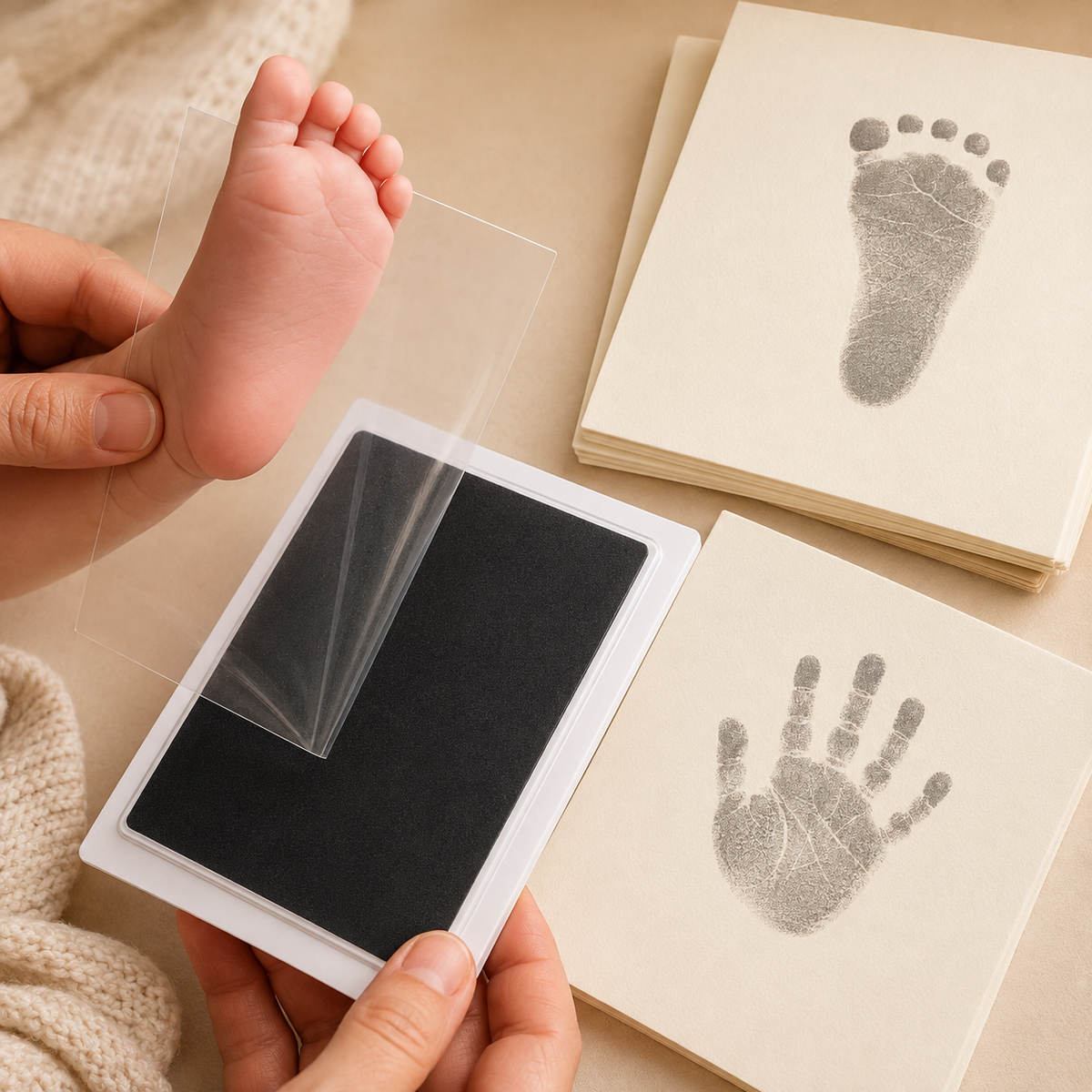 Clean-touch transfer pad with baby handprint and footprint cards
