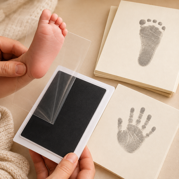 Clean-touch transfer pad with baby handprint and footprint cards