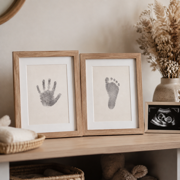 Finished baby handprint and footprint cards in light wood frames