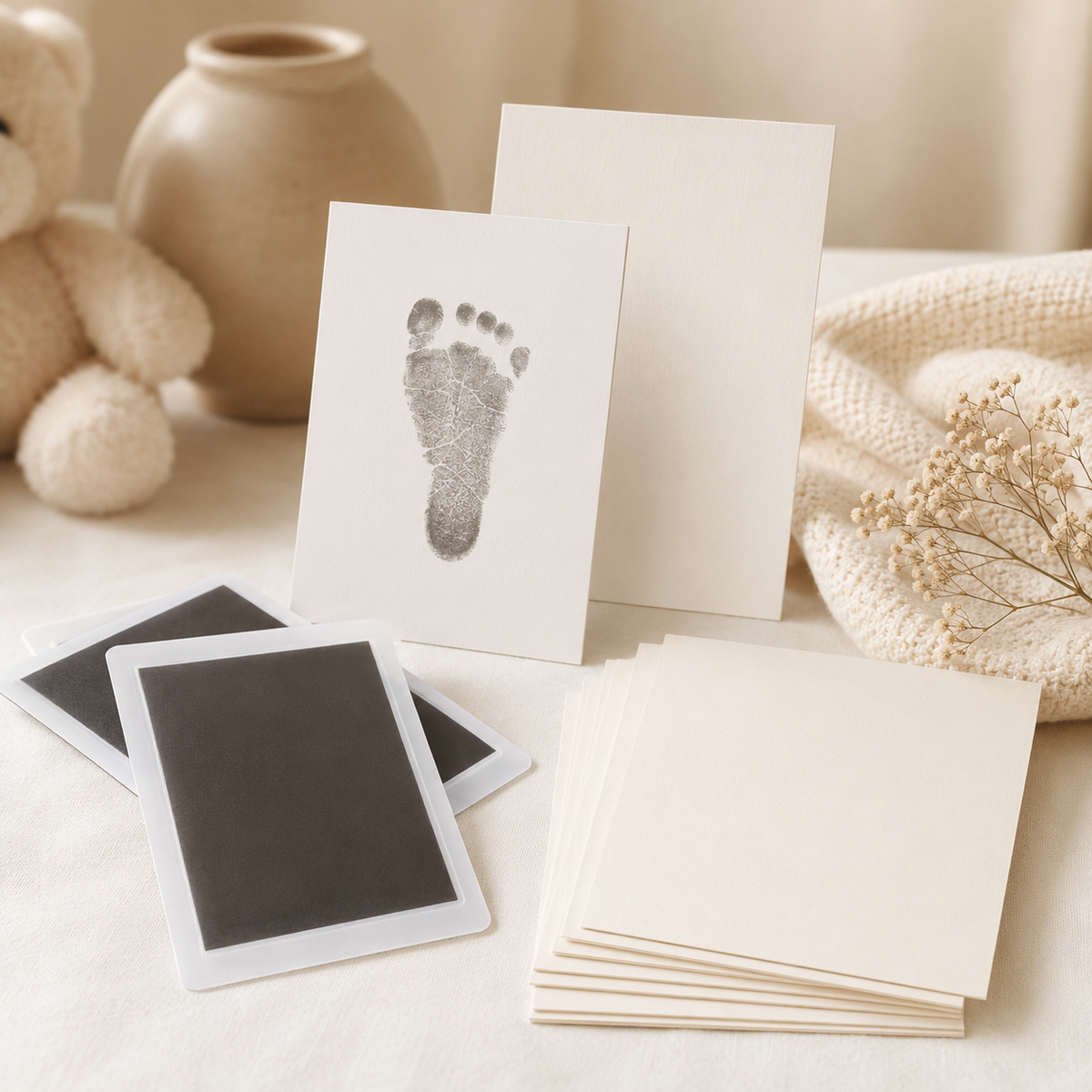 Inkless baby print kit with clean-touch pads and cream cards