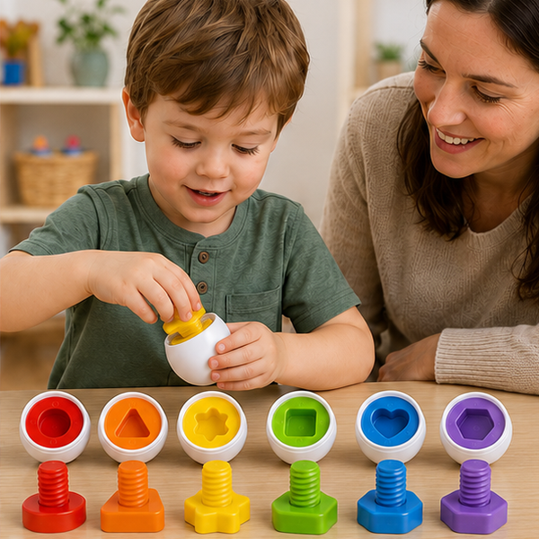 Preschooler matching shapes and twisting a chunky screw under supervision