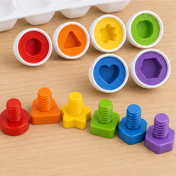 Close view of colorful matching egg shapes and screw activities