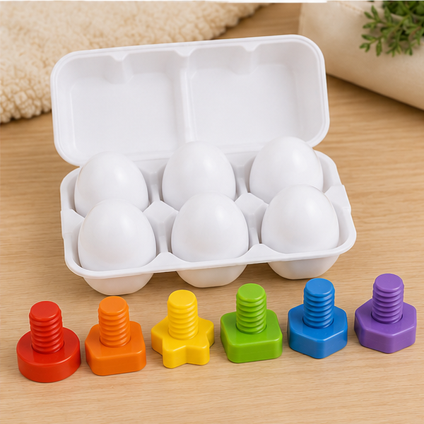 Six matching eggs in carton with six rainbow screw activities
