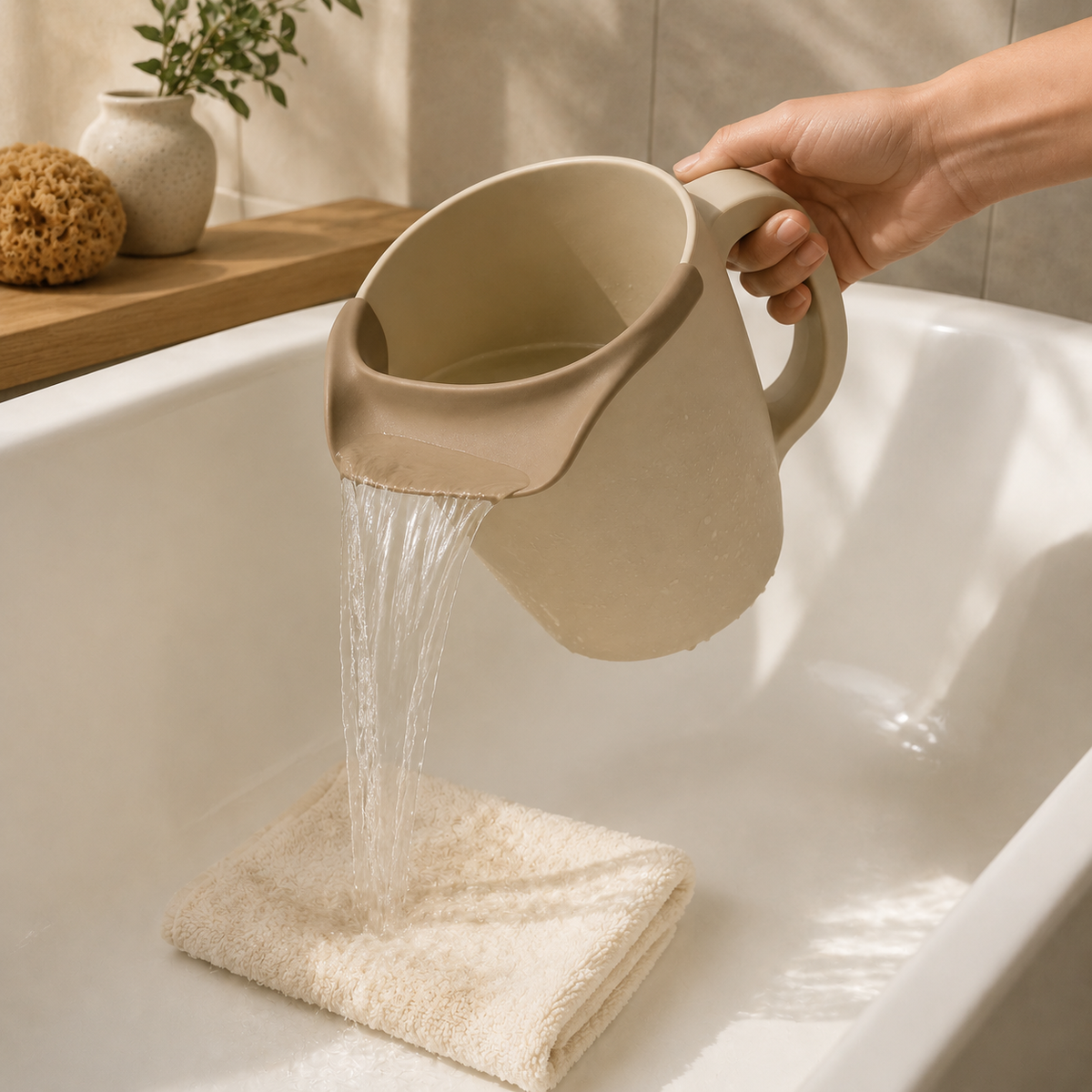 Adult hand pouring a controlled waterfall from the baby rinse cup into an empty tub