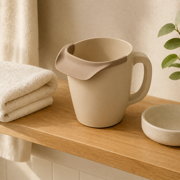Baby bath rinse cup stored beside folded towels