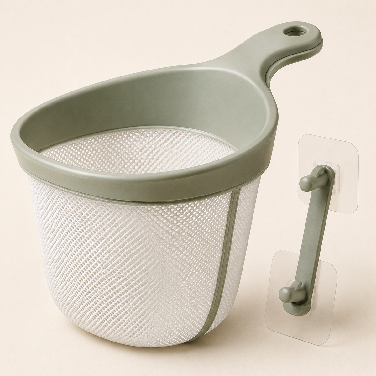 Close view of quick-dry mesh, rigid scoop rim, handle and adhesive mount