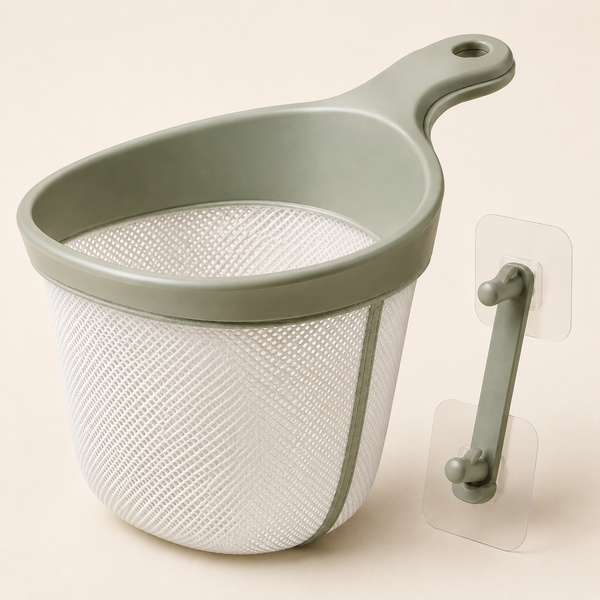 Close view of quick-dry mesh, rigid scoop rim, handle and adhesive mount