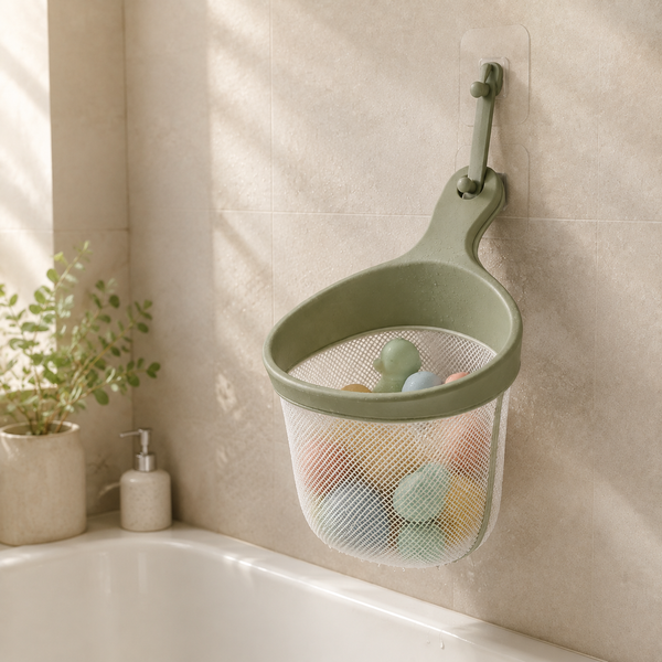 Bath toy scoop organizer hanging above a tub to drain