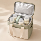 Sage and cream insulated bottle cooler bag open with four bottles and ice pack