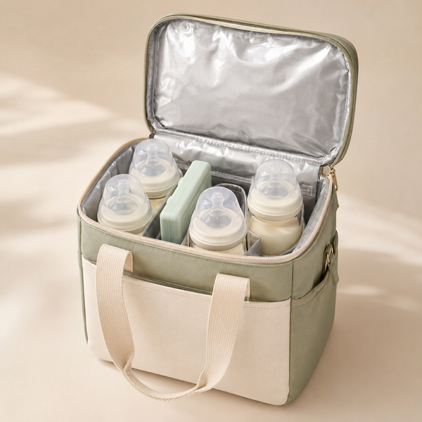 Sage and cream insulated bottle cooler bag open with four bottles and ice pack