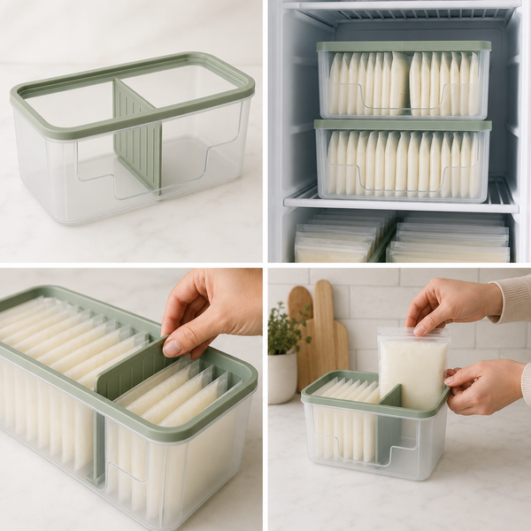 Clear breast milk storage bag freezer organizer with sage lid, movable divider and front dispensing opening