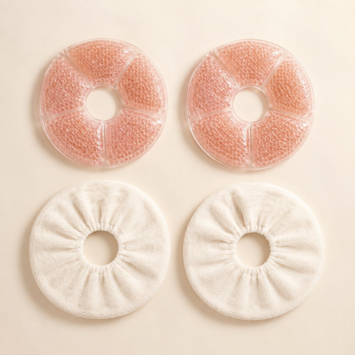 Pair of blush segmented gel breast comfort packs with ivory sleeves